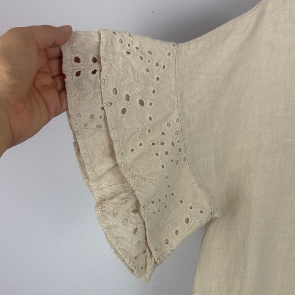 Valentina Naldi 100% Linen Cotton Cream Eyelet Ruffle Sleeves Hem Large Blouse - Picture 3 of 8